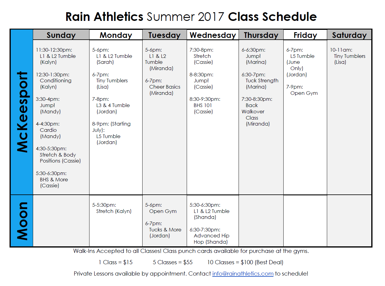 Rain Athletics Summer Class Schedule